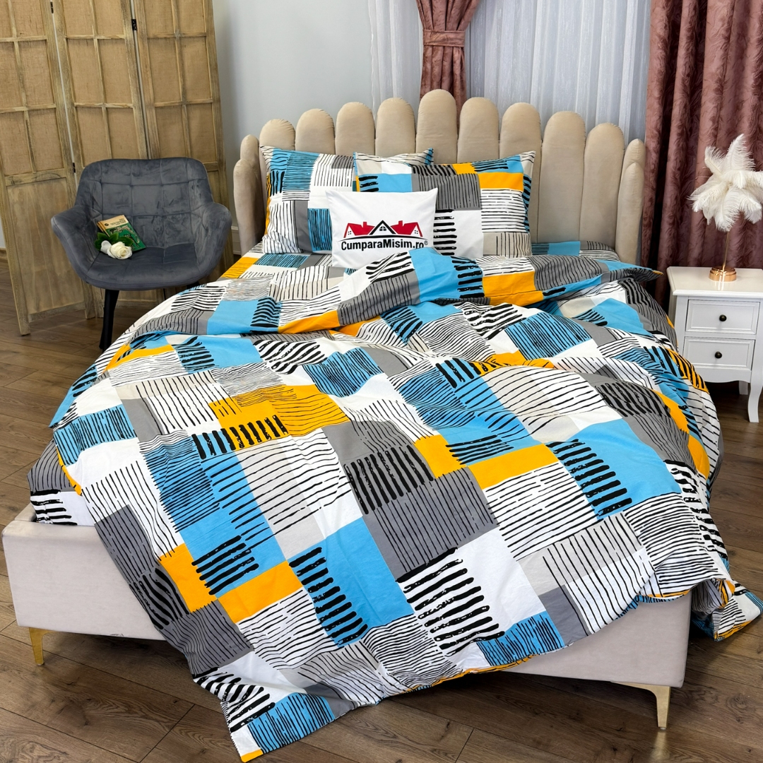 Poze Lenjerie Pat Dublu, Bumbac Ranforce, 4 piese, Atelier Cumparamisim - Lux Suprem, Rafinament Desavarsit, Confort Regal, Alb, Galben, Albastru, forme geometrice cumparamisim.ro