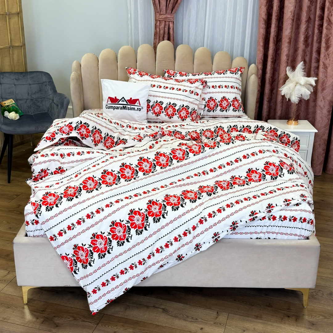 Lenjerie Pat Dublu, Bumbac Ranforce, 4 piese, Atelier Cumparamisim - Lux Suprem, Rafinament Desavarsit, Confort Regal, Alb, Rosu, model traditional - 1 | YEO