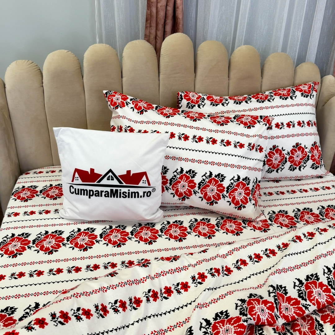 Lenjerie Pat Dublu, Bumbac Ranforce, 4 piese, Atelier Cumparamisim - Lux Suprem, Rafinament Desavarsit, Confort Regal, Alb, Rosu, model traditional - 2 | YEO