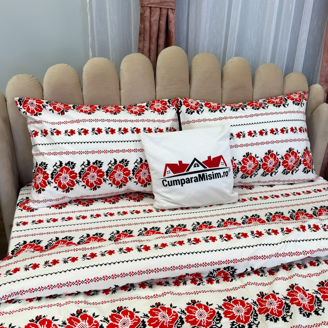 Lenjerie Pat Dublu, Bumbac Ranforce, 4 piese, Atelier Cumparamisim - Lux Suprem, Rafinament Desavarsit, Confort Regal, Alb, Rosu, model traditional - 3 | YEO