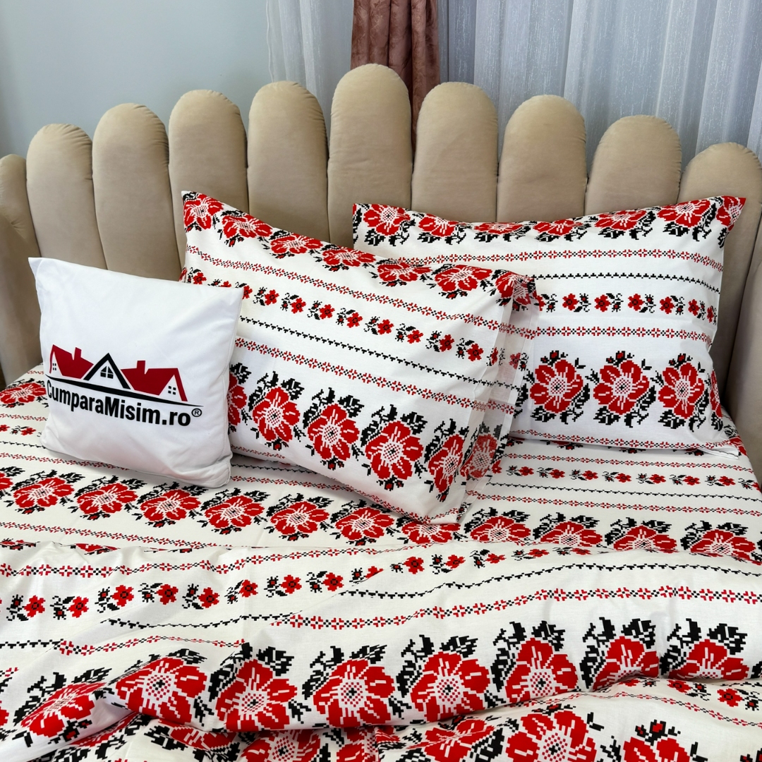 Lenjerie Pat Dublu, Bumbac Ranforce, 4 piese, Atelier Cumparamisim - Lux Suprem, Rafinament Desavarsit, Confort Regal, Alb, Rosu, model traditional - 4 | YEO