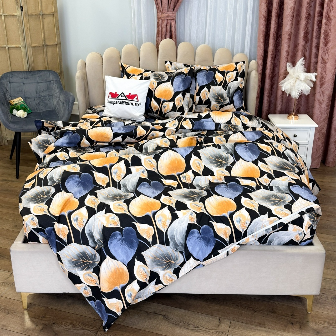 Lenjerie Pat Dublu, Bumbac Ranforce, 4 piese, Atelier Cumparamisim - Lux Suprem, Rafinament Desavarsit, Confort Regal,Negru, Multicolor, frunze - 1 | YEO