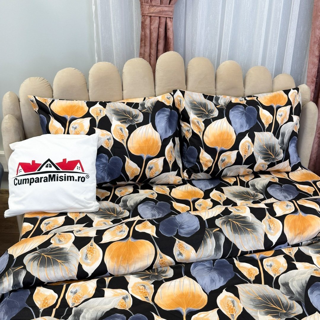 Lenjerie Pat Dublu, Bumbac Ranforce, 4 piese, Atelier Cumparamisim - Lux Suprem, Rafinament Desavarsit, Confort Regal,Negru, Multicolor, frunze - 3 | YEO