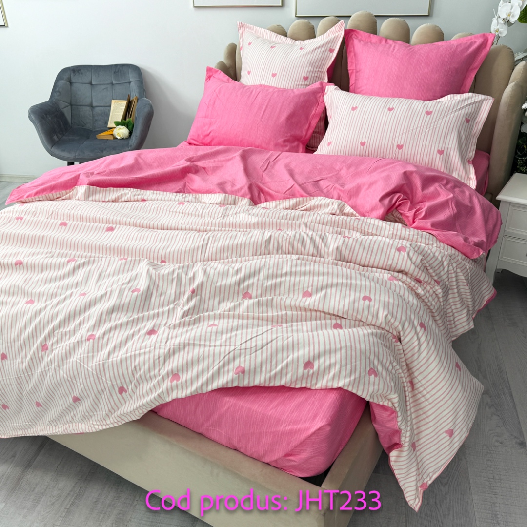 (OFERTA TRIO) Lenjerie pat dublu,  FINET, 6 piese, cu ELASTIC, Roz, inimioare - 1 | YEO