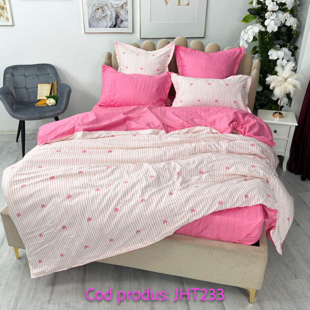 (OFERTA TRIO) Lenjerie pat dublu,  FINET, 6 piese, cu ELASTIC, Roz, inimioare - 2 | YEO