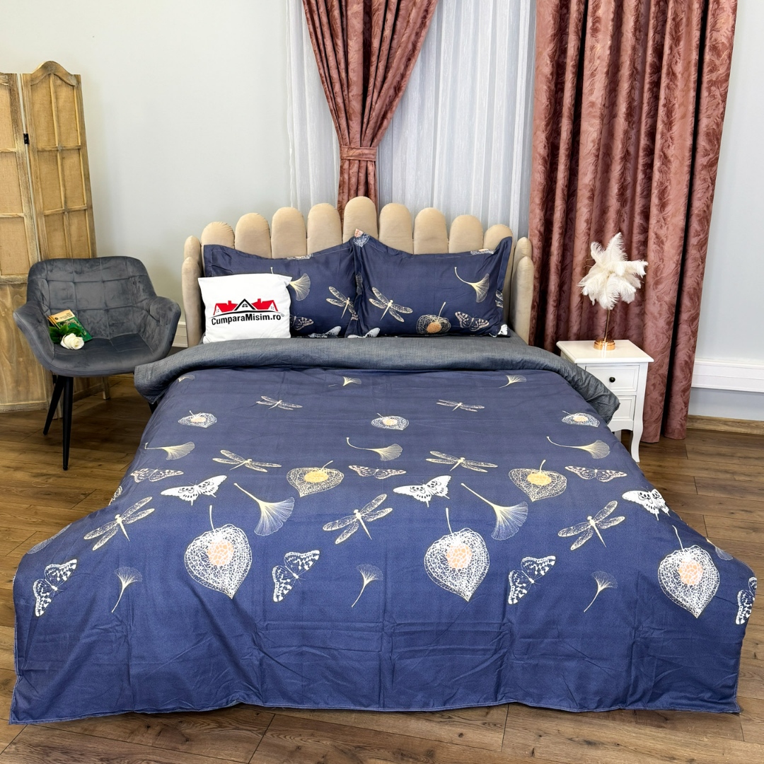 (OFERTA 3 la 199 Lei) Lenjerie pat dublu, bumbac satinat, cu doua feţe, 4 piese, Bleumarin, Fluturi, Libelule, Frunze - 1 | YEO
