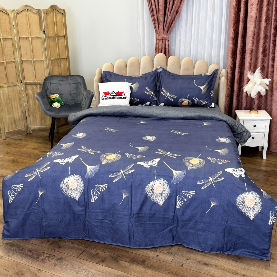 (OFERTA 3 la 199 Lei) Lenjerie pat dublu, bumbac satinat, cu doua feţe, 4 piese, Bleumarin, Fluturi, Libelule, Frunze - 3 | YEO