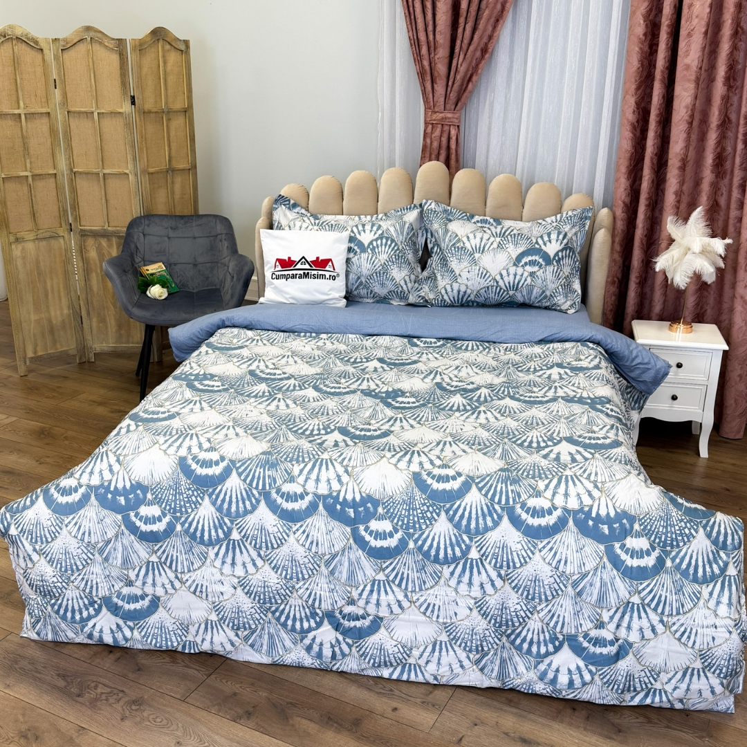 (OFERTA 3 la 199 Lei) Lenjerie pat dublu, bumbac satinat, cu doua feţe, 4 piese, Alb, Albastru, Scoici - 3 | YEO