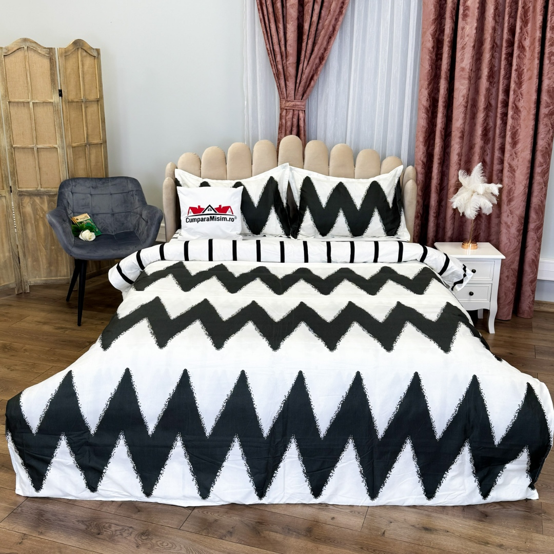 (OFERTA 3 la 199 Lei) Lenjerie pat dublu, bumbac satinat, cu doua feţe, 4 piese,  Alb, Negru, Zig-Zag - 1 | YEO