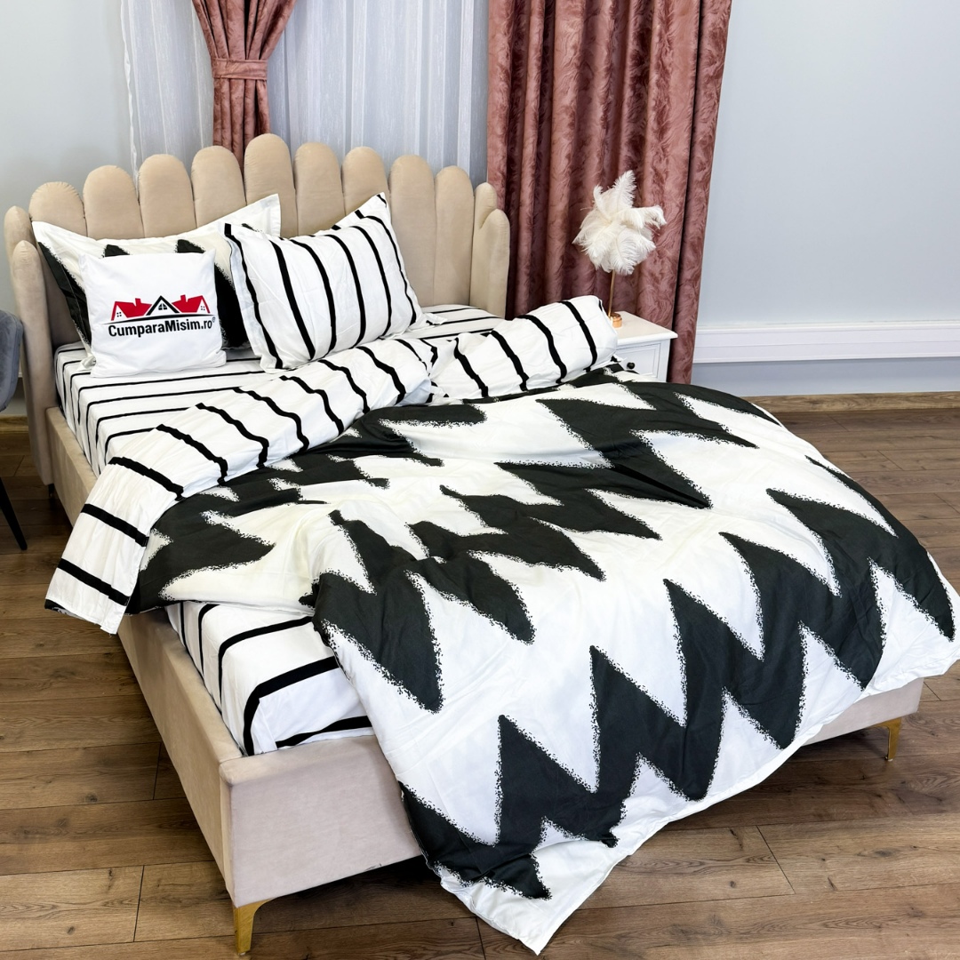 (OFERTA 3 la 199 Lei) Lenjerie pat dublu, bumbac satinat, cu doua feţe, 4 piese,  Alb, Negru, Zig-Zag - 2 | YEO
