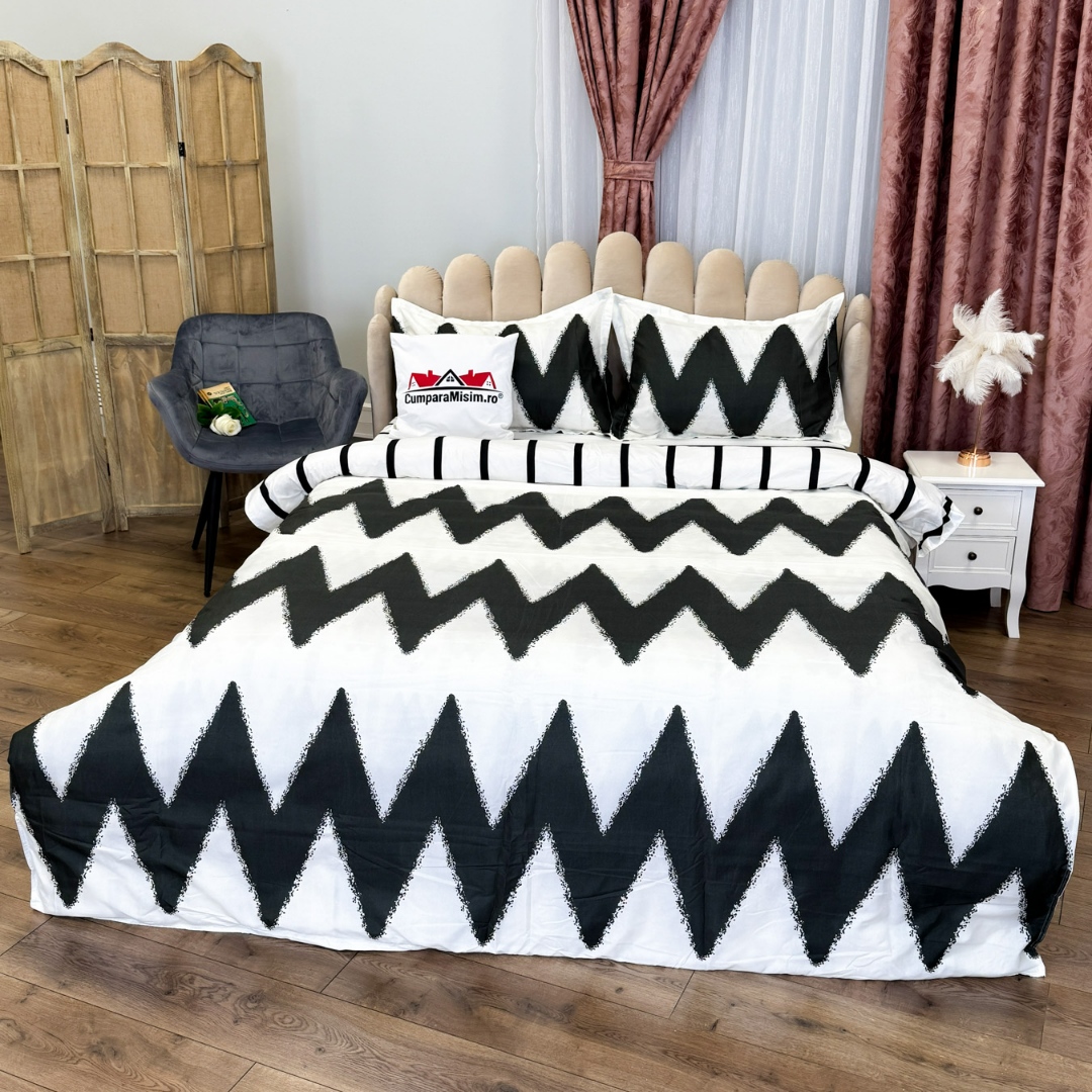 (OFERTA 3 la 199 Lei) Lenjerie pat dublu, bumbac satinat, cu doua feţe, 4 piese,  Alb, Negru, Zig-Zag - 3 | YEO