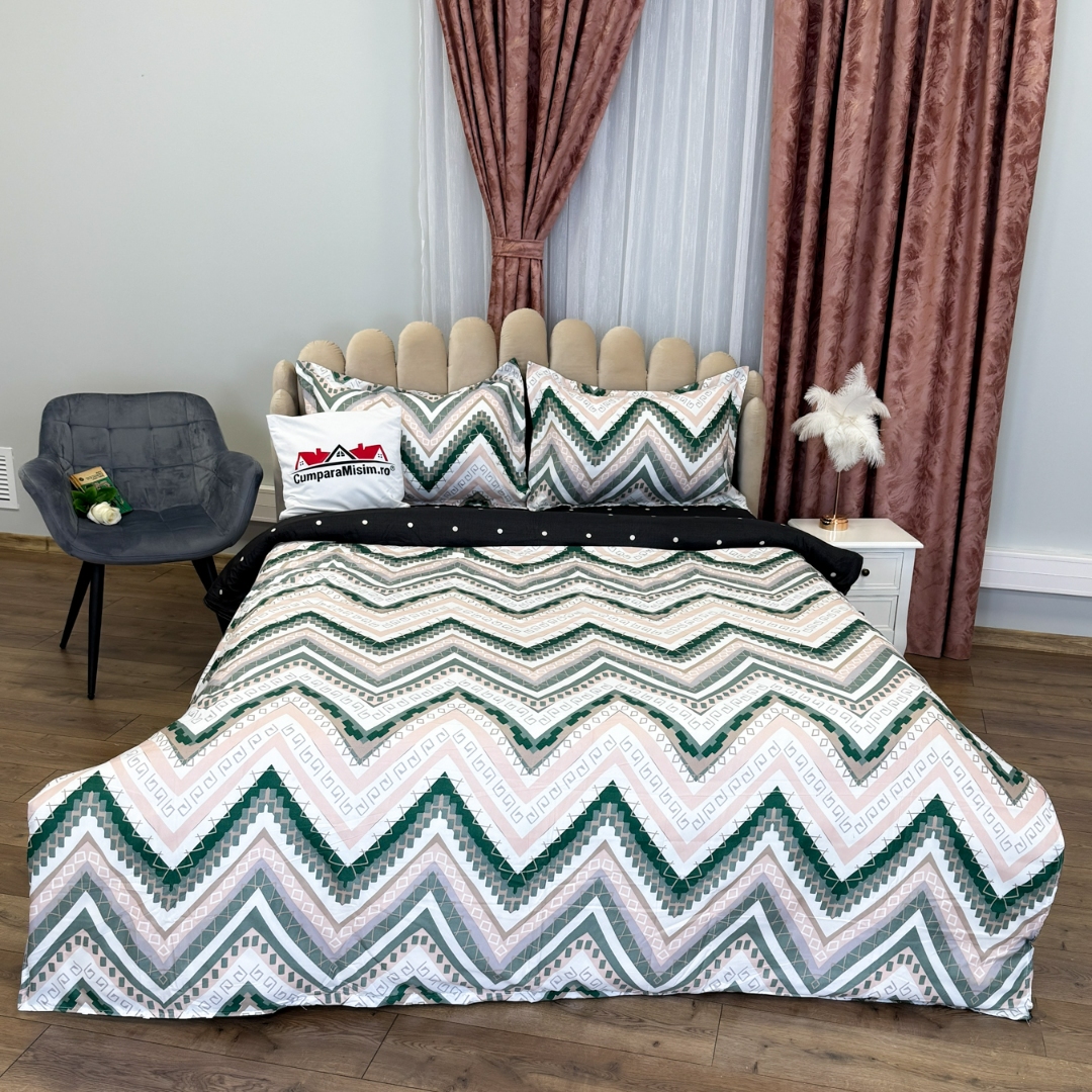 (OFERTA 3 la 199 Lei) Lenjerie pat dublu, bumbac satinat, cu doua feţe, 4 piese,  Alb, Verde, Roz, Zig-Zag - 1 | YEO