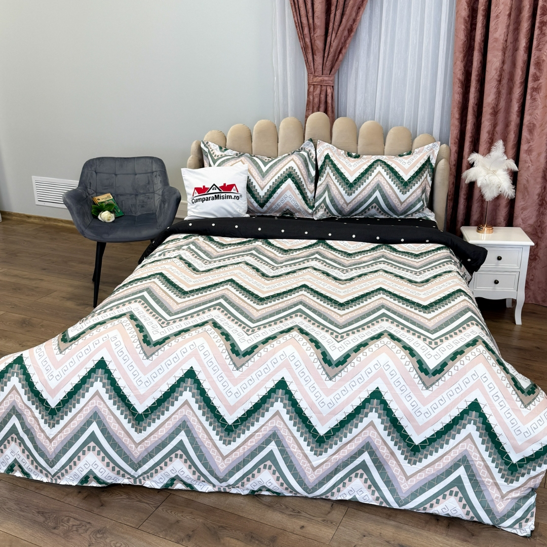(OFERTA 3 la 199 Lei) Lenjerie pat dublu, bumbac satinat, cu doua feţe, 4 piese,  Alb, Verde, Roz, Zig-Zag - 3 | YEO