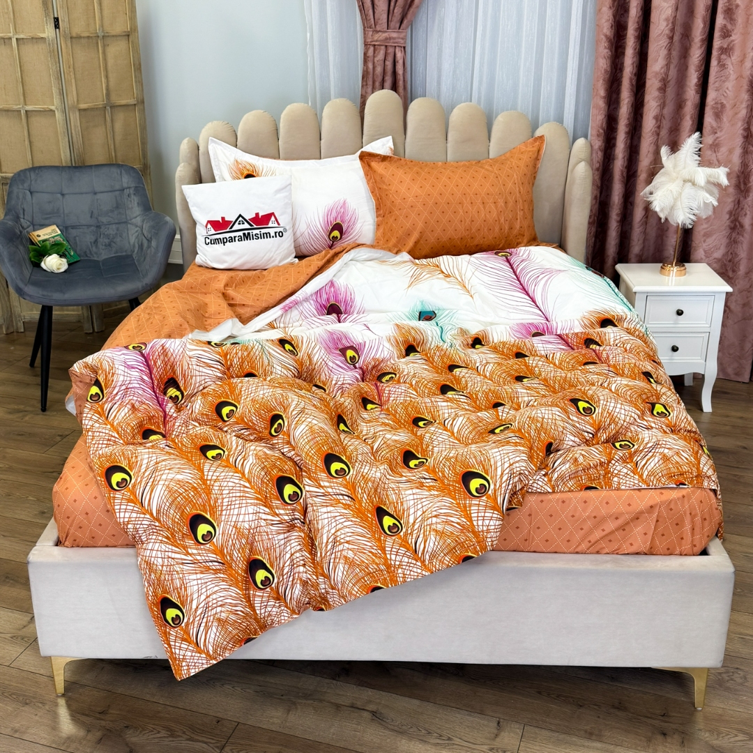 (OFERTA 3 la 199 Lei) Lenjerie pat dublu, bumbac satinat, cu doua feţe, 4 piese,  Alb, Rosu, Pene de Paun - 2 | YEO