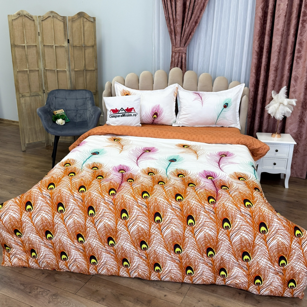 (OFERTA 3 la 199 Lei) Lenjerie pat dublu, bumbac satinat, cu doua feţe, 4 piese,  Alb, Rosu, Pene de Paun - 3 | YEO