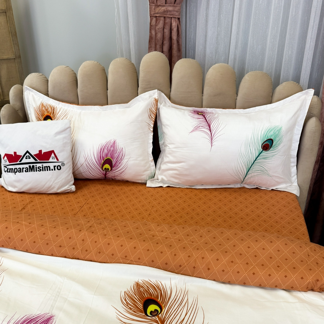 (OFERTA 3 la 199 Lei) Lenjerie pat dublu, bumbac satinat, cu doua feţe, 4 piese,  Alb, Rosu, Pene de Paun - 4 | YEO