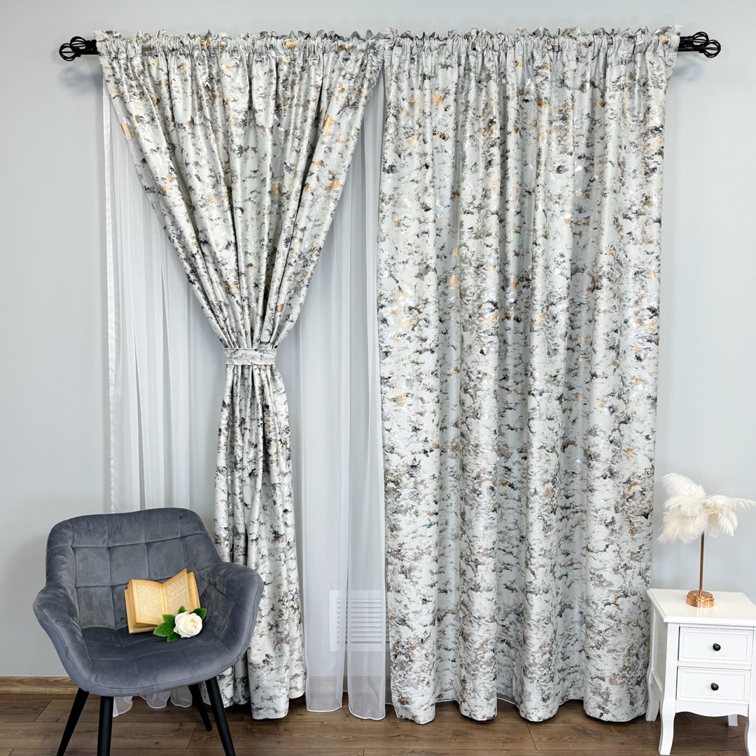Set 2 Draperii Catifea Nikko cu insertii aurii - 200cm latime x 238cm inaltime ,Tiv lat, Gri light - V6