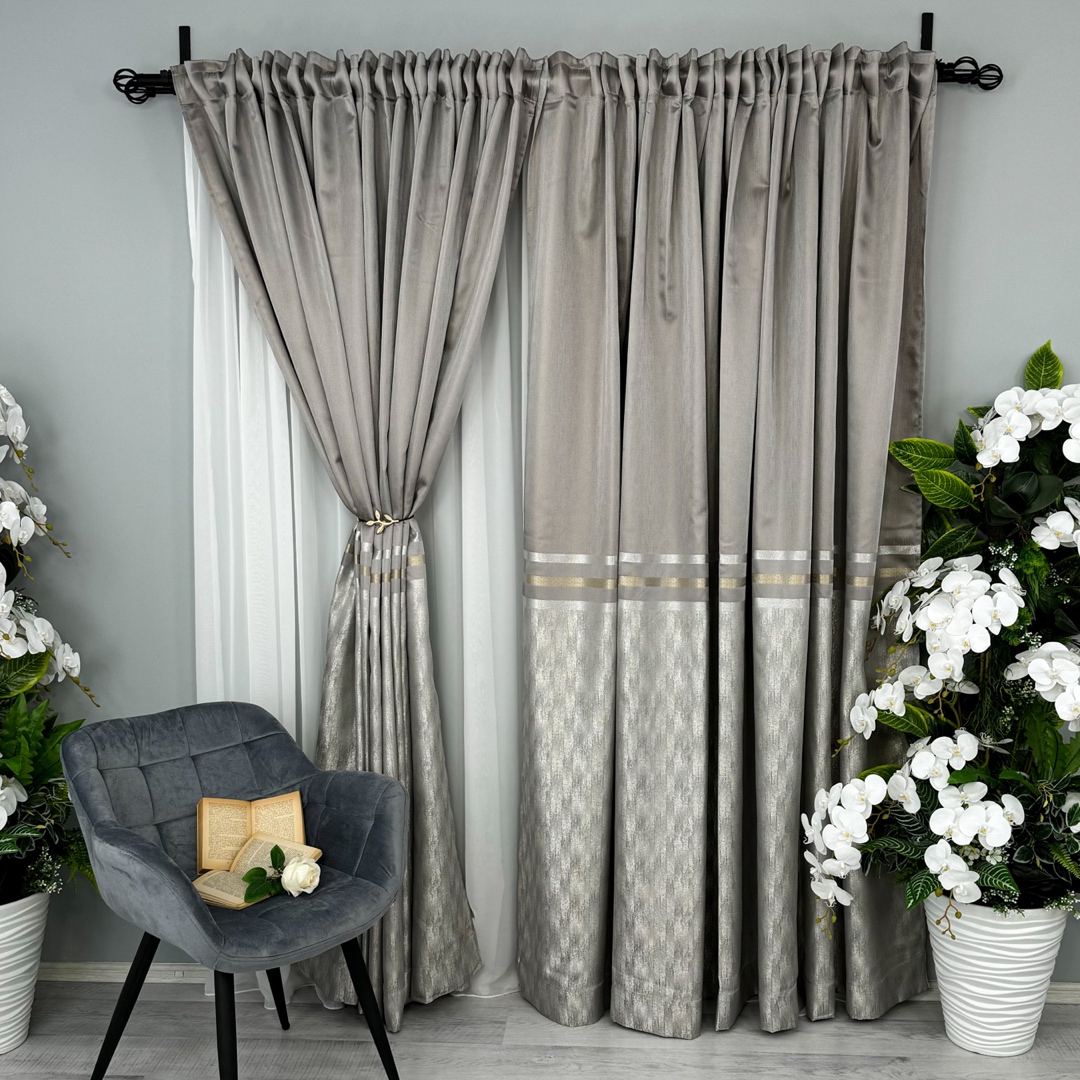 Set de 2 bucati Draperie Lines, tip panou 3 metri latime x 232cm inaltime x rejansa pt bara, Gri