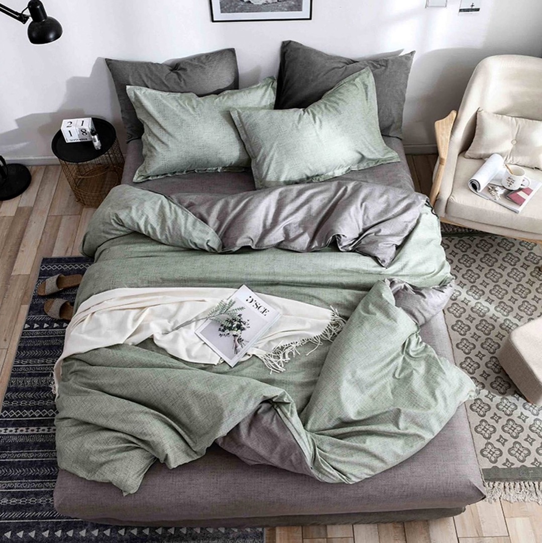 Lenjerie pat 1 PERSOANA, 4 piese, cu ELASTIC,  Gri-Verde