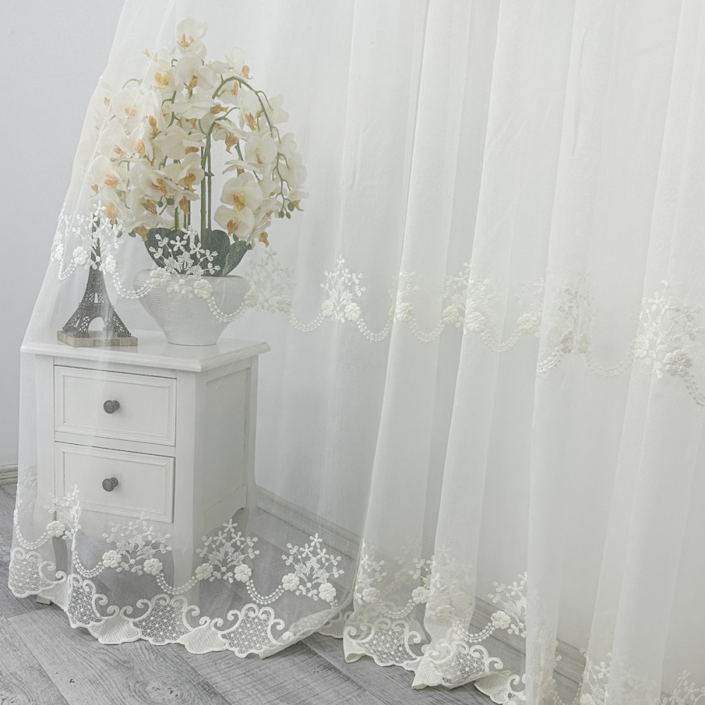 Perdea Leea din Tulle cu Broderie - 500cm x 232cm, Rejansa pt. bara, Ivoire