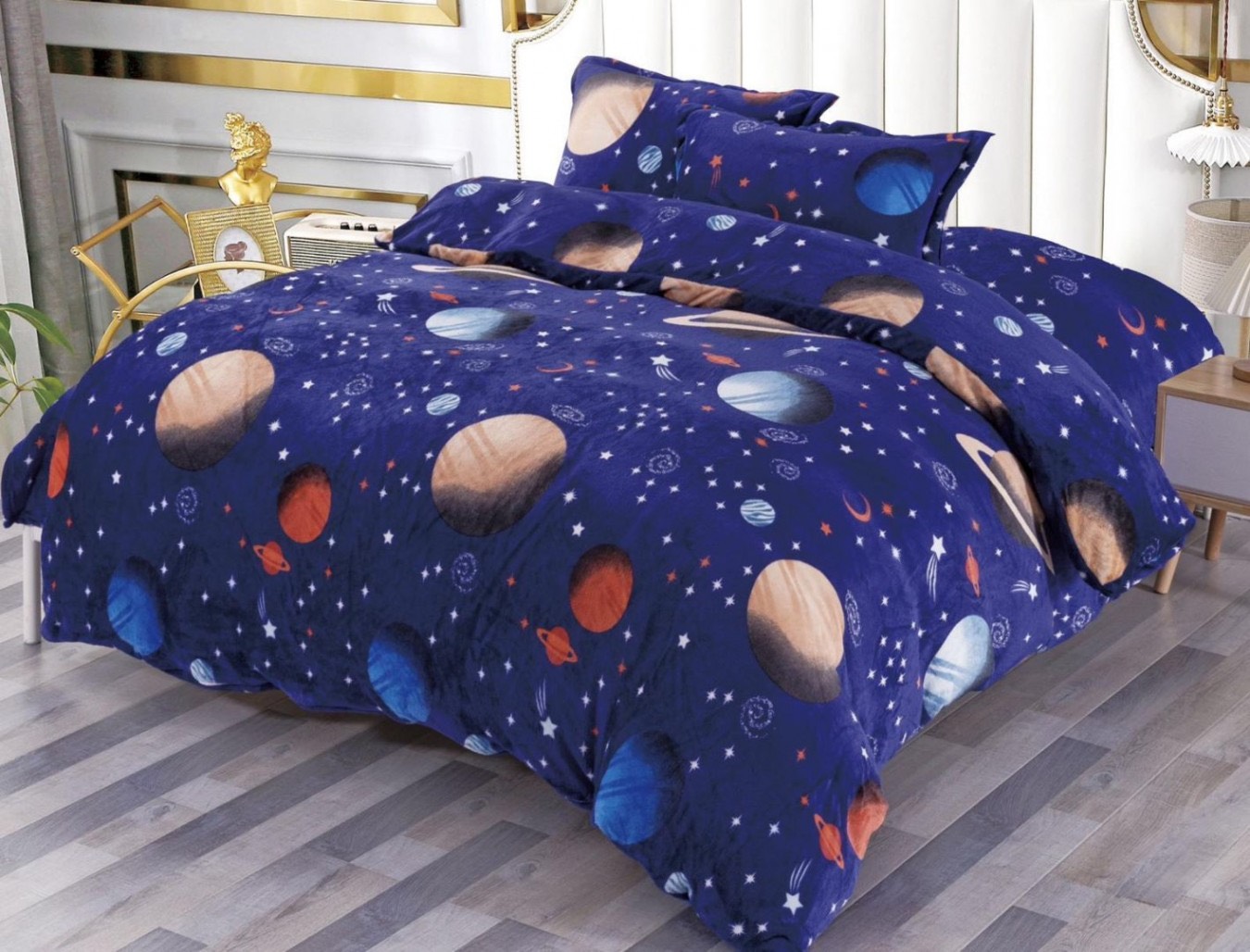 Lenjerie pentru Pat Dublu, Cocolino Premium, 4 Piese – Plusata, Groasa, si Calduroasa, Ideala pentru Iarna –  Confort Maxim, Antisifonare, Albastru, planete