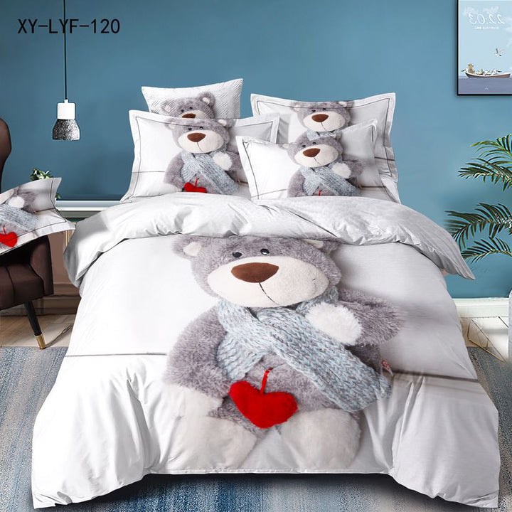 (OFERTA TRIO) Lenjerie de Pat Dublu,  Finet, 6 piese, Imprimeu 3D Digital Realist, Exact ca in Poza – Culori Durabile, Vopsea Skin-Friendly si intretinere Usoara, Alb, Gri, ursuleti