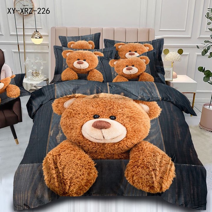 (OFERTA TRIO) Lenjerie de Pat Dublu,  Finet, 6 piese, Imprimeu 3D Digital Realist, Exact ca in Poza – Culori Durabile, Vopsea Skin-Friendly si intretinere Usoara, Negru, Maro, ursuleti