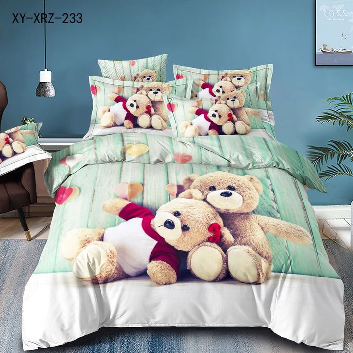 (OFERTA TRIO) Lenjerie de Pat Dublu,  Finet, 6 piese, Imprimeu 3D Digital Realist, Exact ca in Poza – Culori Durabile, Vopsea Skin-Friendly si intretinere Usoara, Aqua, ursuleti