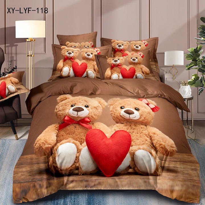 (OFERTA TRIO) Lenjerie de Pat Dublu,  Finet, 6 piese, Imprimeu 3D Digital Realist, Exact ca in Poza – Culori Durabile, Vopsea Skin-Friendly si intretinere Usoara, Maro, Bej, ursuleti