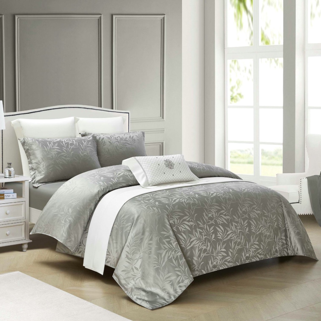 Lenjerie de Pat Dublu, Jacquard Finetat – 4 Piese, Luciu Satinat Rafinat si Confort Premium, Gri deschis