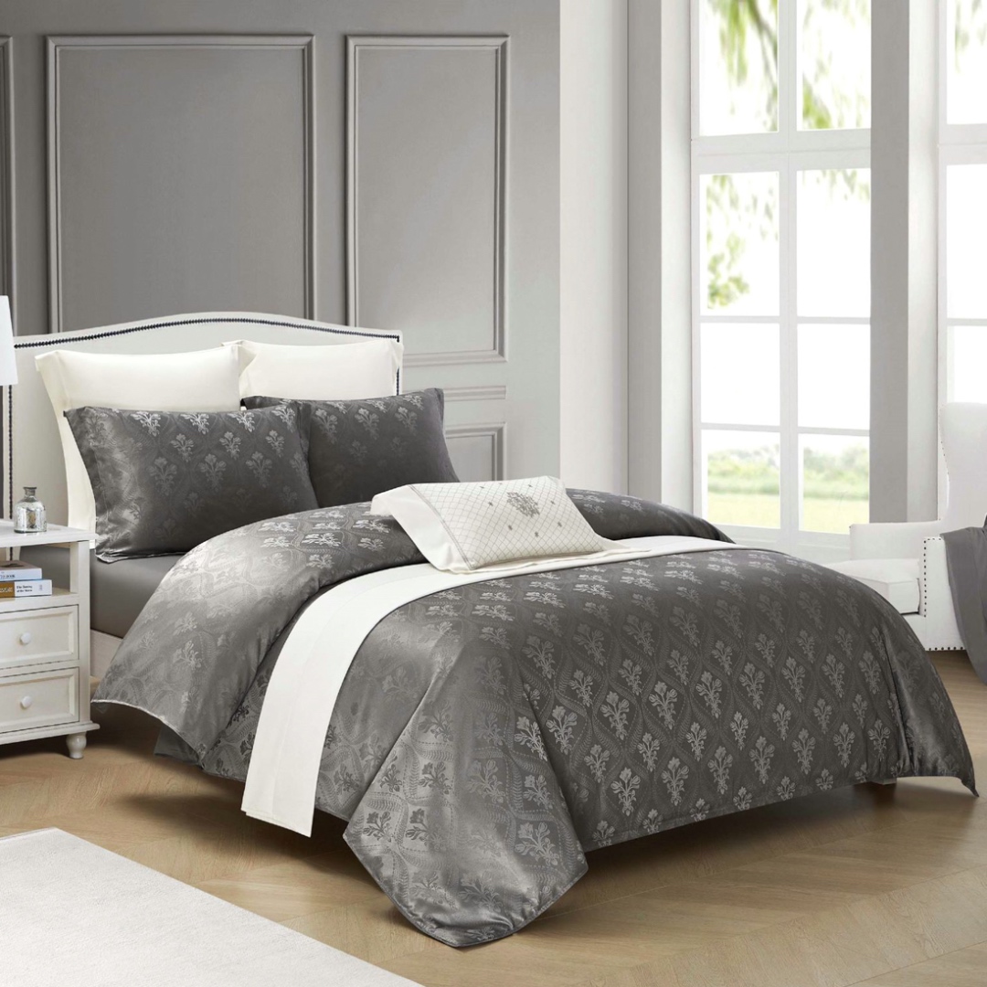 Lenjerie de Pat Dublu, Jacquard Finetat – 4 Piese, Luciu Satinat Rafinat  si Confort Premium, Gri inchis