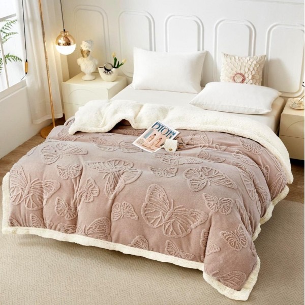 Patura Super Soft Cocolino cu Blanita, 200x230 cm – Eleganta si Caldura cu Model 3D in Relief, Fluturi Delicati, Bej
