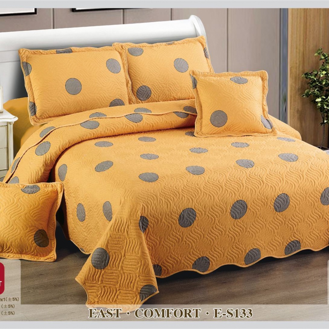 Cuvertura Pat Dublu, 5 Piese, Bumbac 100% Imprimat – Calitate Premium, Exact ca in Poza, cu Imprimeu Durabil, Galben, buline