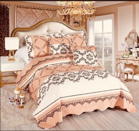 Cuvertura Pat Dublu, 5 Piese, Bumbac 100% Imprimat – Calitate Premium, Exact ca in Poza, cu Imprimeu Durabil, Crem, Somon, model elegant
