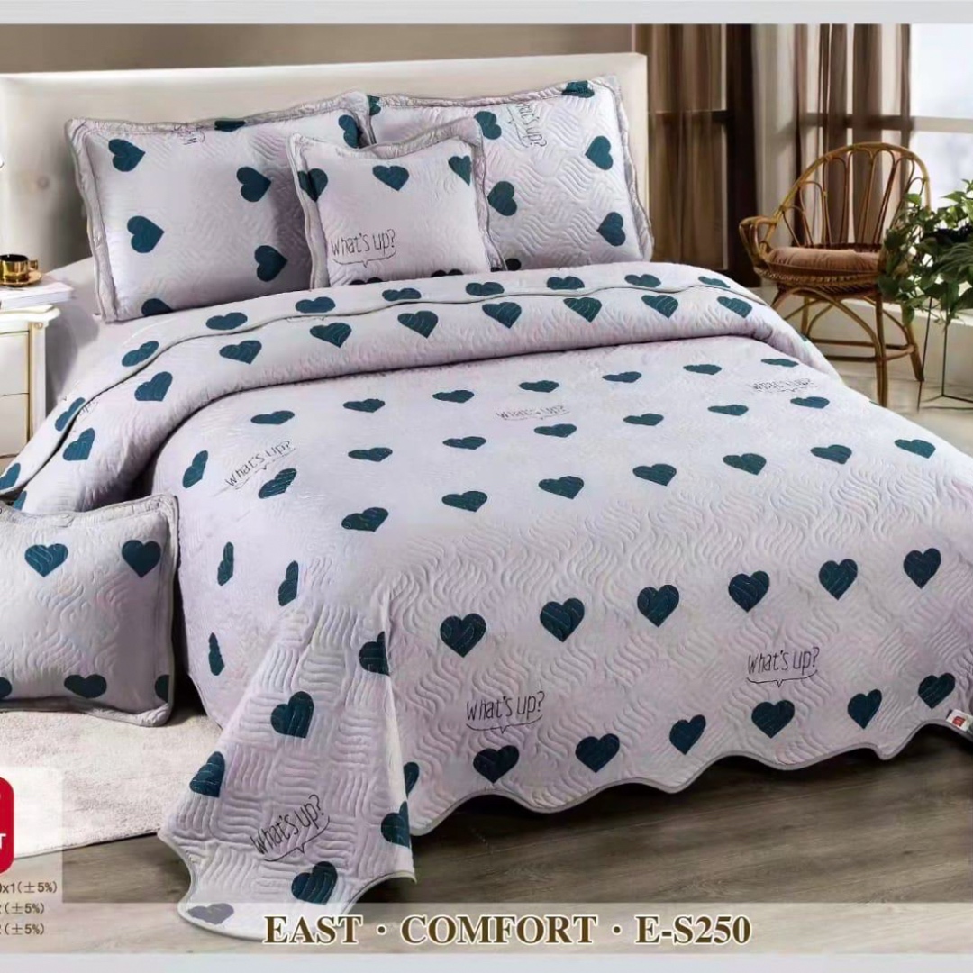 Cuvertura Pat Dublu, 5 Piese, Bumbac 100% Imprimat – Calitate Premium, Exact ca in Poza, cu Imprimeu Durabil, Gri, Bleumarin, inimioare
