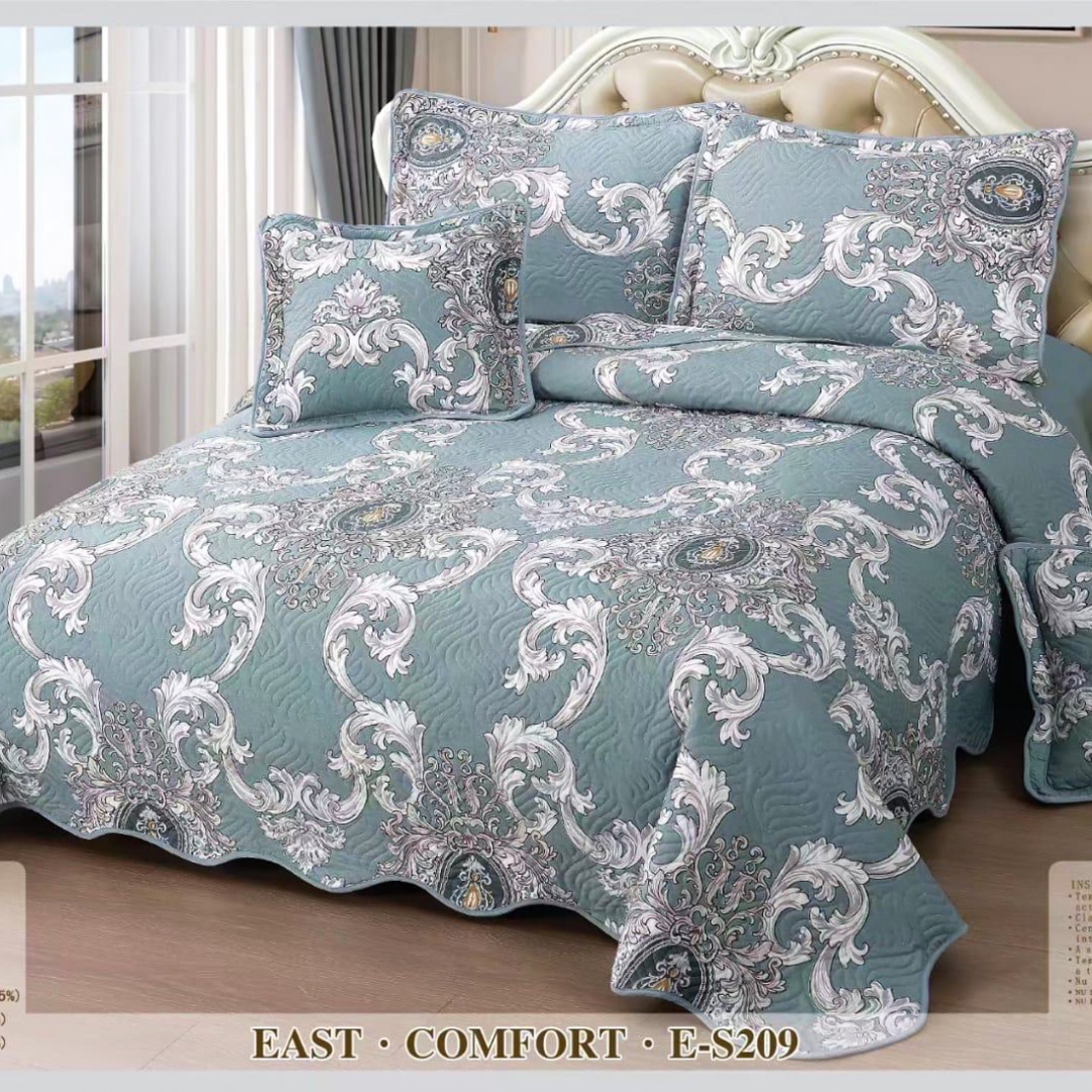 Cuvertura Pat Dublu, 5 Piese, Bumbac 100% Imprimat – Calitate Premium, Exact ca in Poza, cu Imprimeu Durabil, Bleu, Alb, model elegant