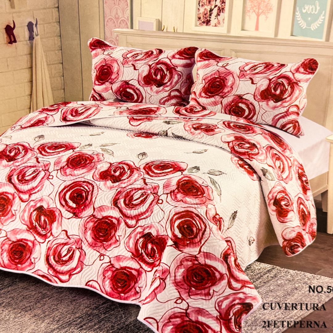 Cuvertura Pat Dublu, 3 Piese, Bumbac 100% Imprimat – Calitate Premium, cu Imprimeu Durabil, cod CSA-CV10