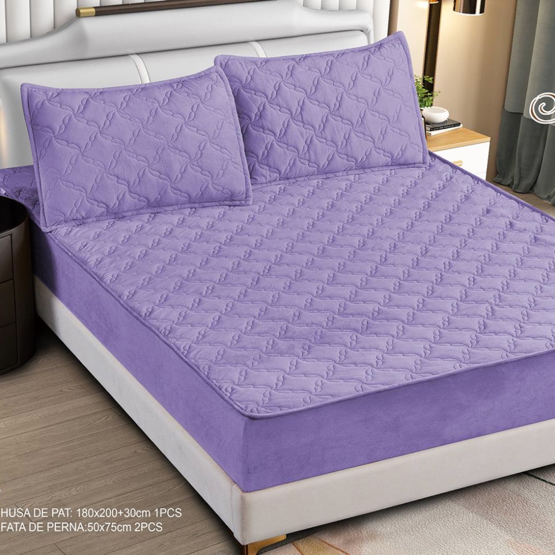 Husa Matlasata Tip Topper din Catifea 180x200cm, cu 2 Fete de Perna 50x70cm -  Somn Odihnitor si Sustinere pentru Spate, Mov
