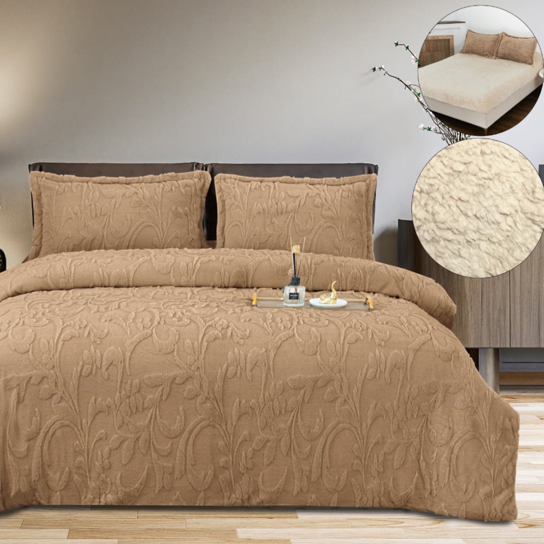 Lenjerie de pat dublu, Luxoasa si Super Pufoasa CoCoLiNo 3D, cu Blanita Sherpa, 4 Piese, Cearsaf cu Elastic – Microfibra Plusata, Caldura si Stil pentru Dormitorul Tau, Floral print, Cappuccino