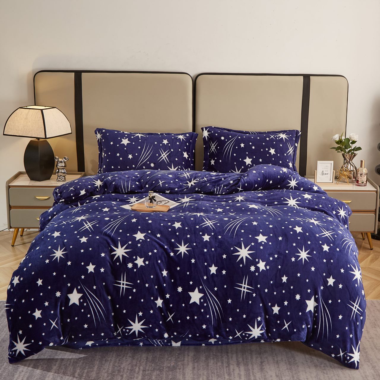Lenjerie pat dublu, Super Pufoasa COCOLINO, 4 piese, Albastru, stelute