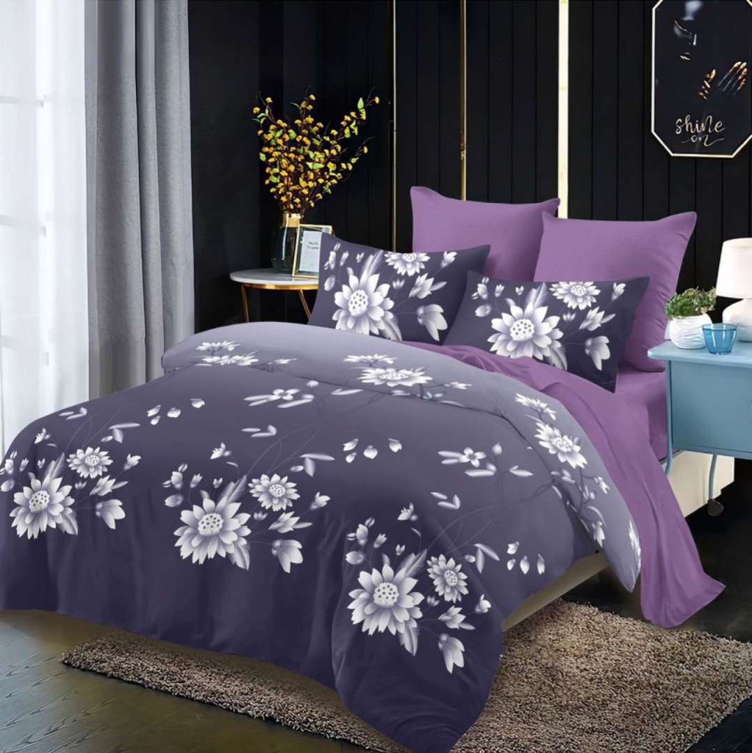 (OFERTA TRIO) Lenjerie pat dublu,  FINET, cu elastic, 6 piese, Mov, flori