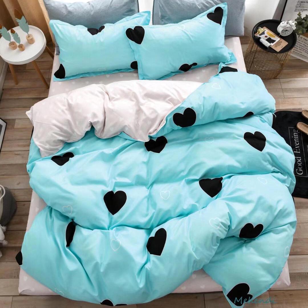 (OFERTA 3 la 199 Lei) Lenjerie pat dublu cu doua feţe, bumbac satinat, 4 piese,  Bleu, inimioare