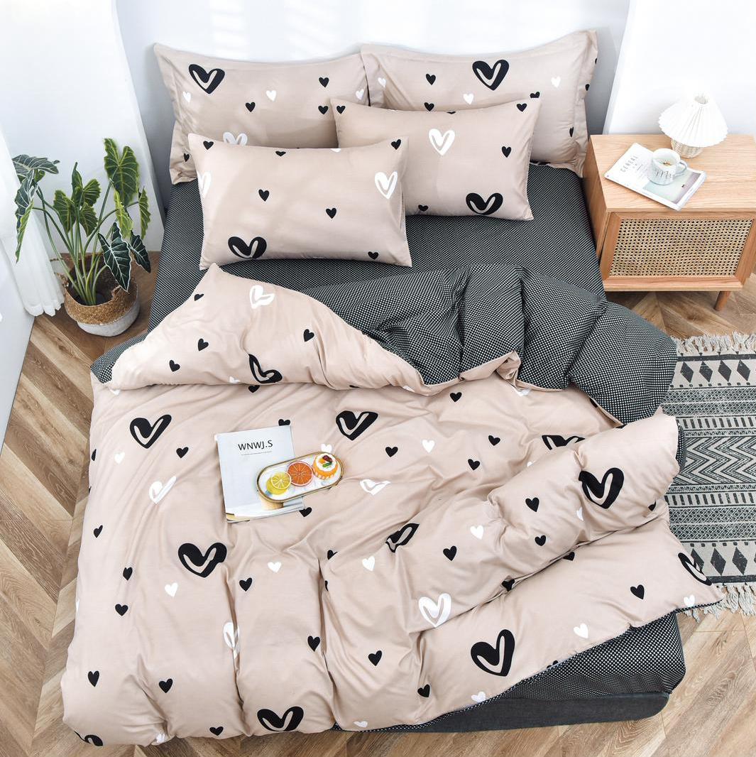 (OFERTA 3 la 199 Lei) Lenjerie pat dublu cu doua feţe, bumbac satinat, 4 piese,  Gri, inimioare