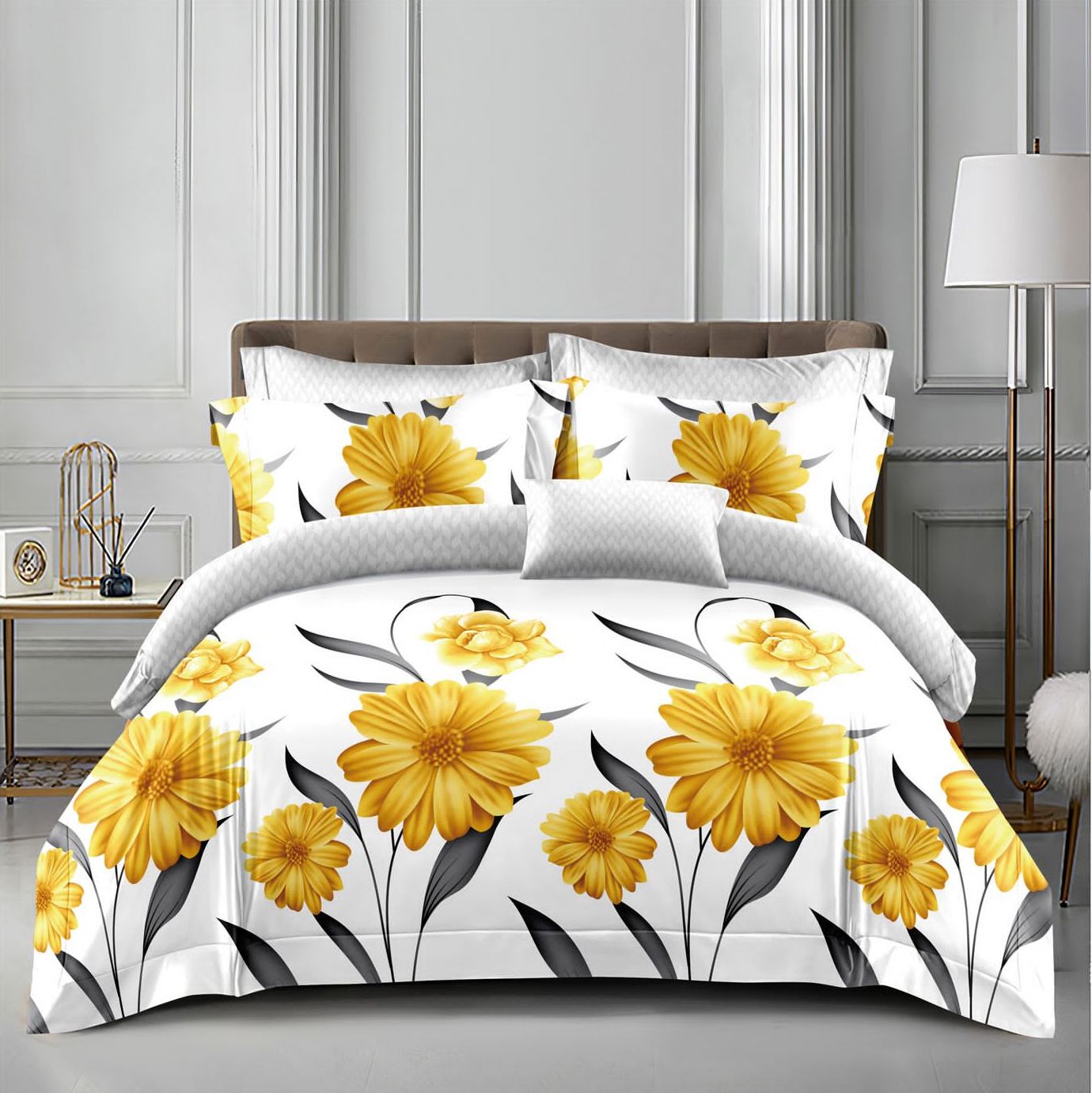 (OFERTA 3 la 199 Lei) Lenjerie pat dublu cu doua feţe, bumbac satinat, 4 piese,  Galben, flori