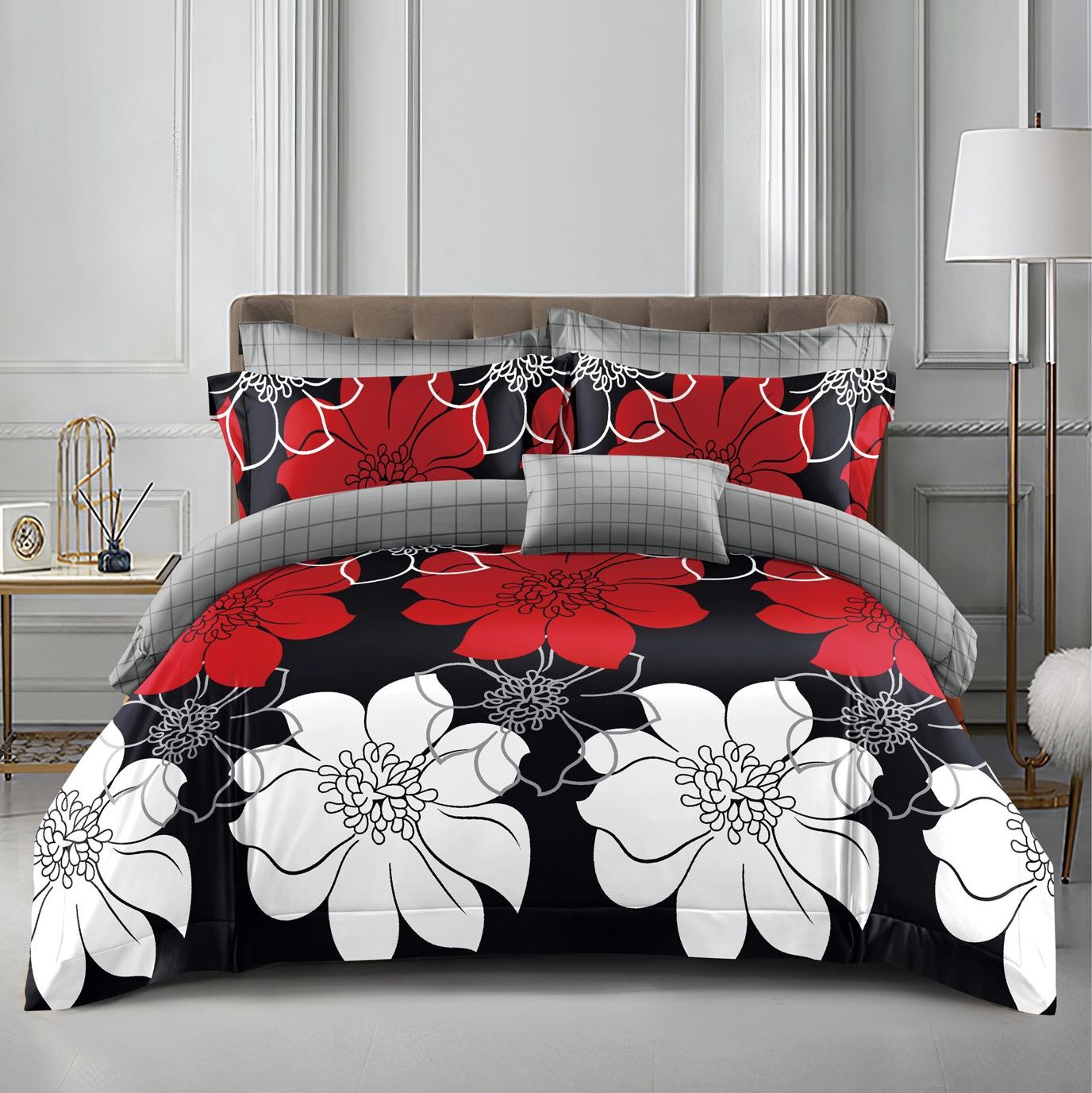 (OFERTA 3 la 199 Lei) Lenjerie pat dublu cu doua feţe, bumbac satinat, 4 piese,  Negru, flori