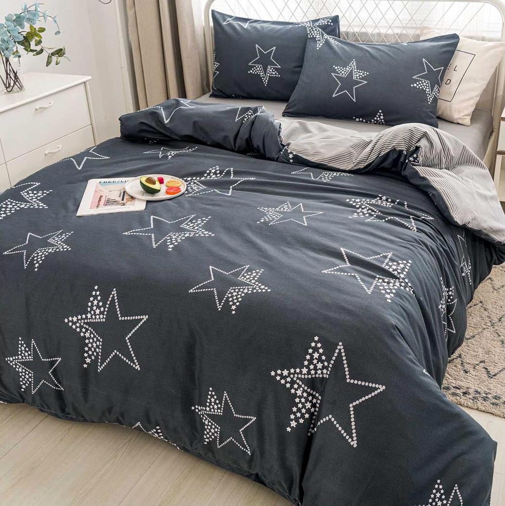 (OFERTA 3 la 199 Lei) Lenjerie pat dublu cu doua feţe, bumbac satinat, 4 piese,  Gri, stelute