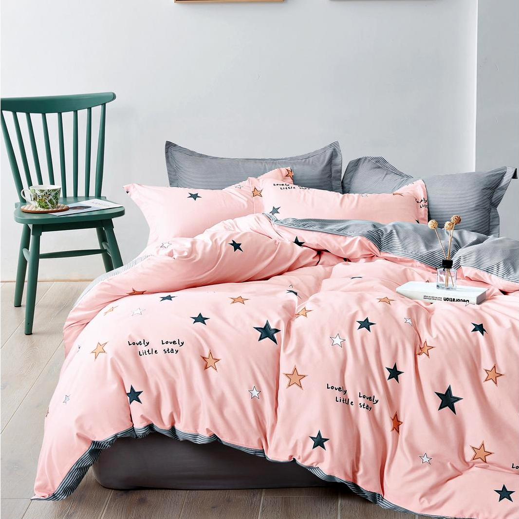(OFERTA 3 la 199 Lei) Lenjerie pat dublu cu doua feţe, bumbac satinat, 4 piese,  Roz, stelute