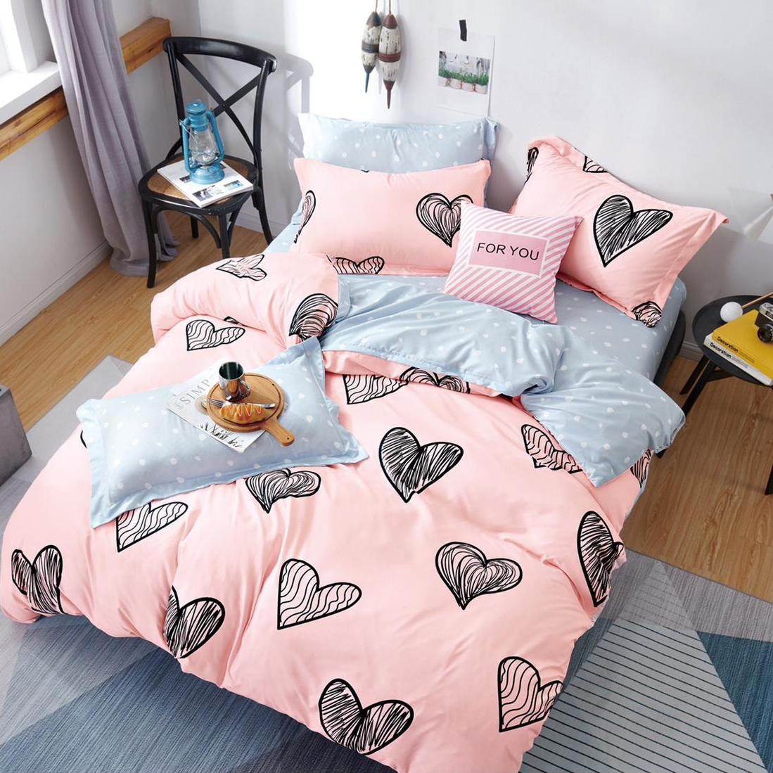 (OFERTA 3 la 219 Lei) Lenjerie pat dublu cu Elastic (160x200cm si 180x200cm), bumbac satinat, Roz, inimioare