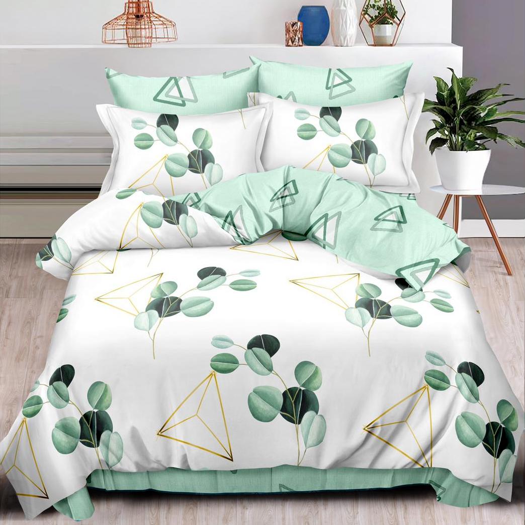 (OFERTA TRIO) Lenjerie pat dublu,  FINET, 6 piese, Alb-Verde, frunze