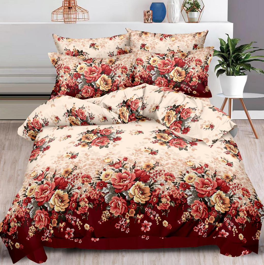 (OFERTA TRIO) Lenjerie pat dublu,  FINET, 6 piese, Bej-Rosu, flori